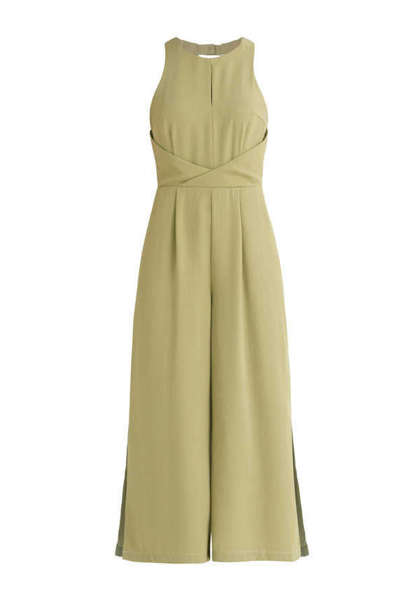 Paisie Detailed Waist Halterneck Jumpsuit in Light Green Cut Out